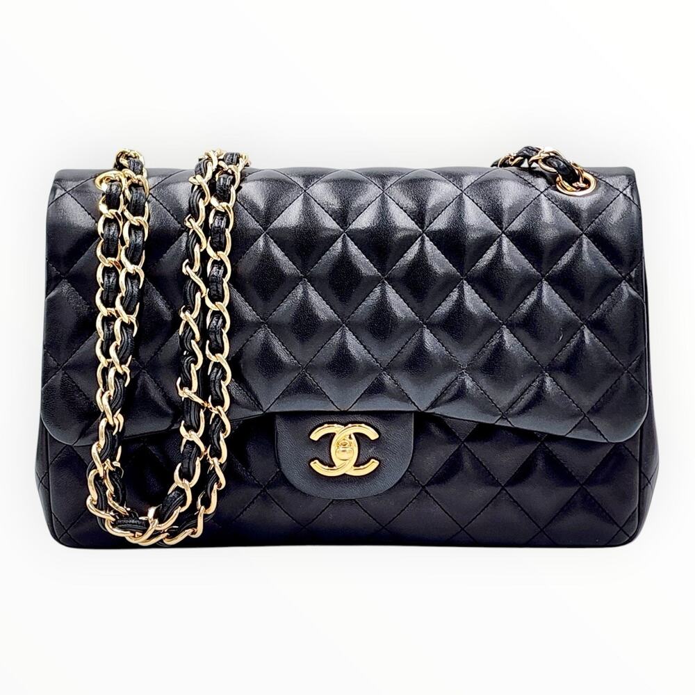 Classic Flap Jumbo Black Lambskin Leather Shoulder Bag With Gold Hardware